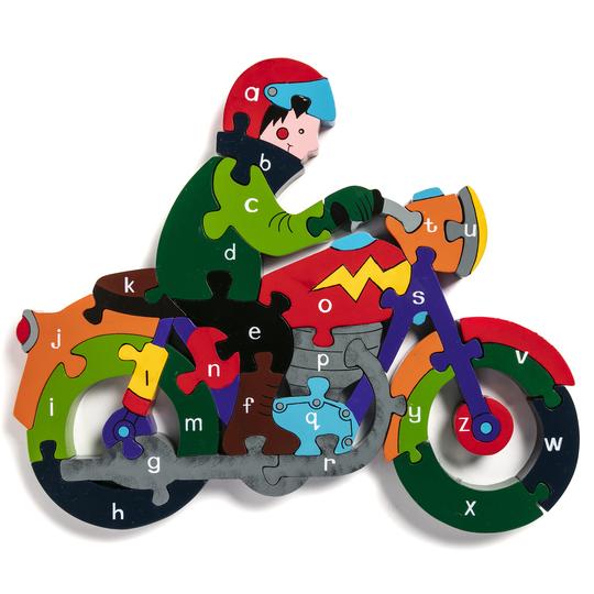 image of colourful wooden child's jigsaw puzzle of a motorbike with letter of the alphabet on each piece