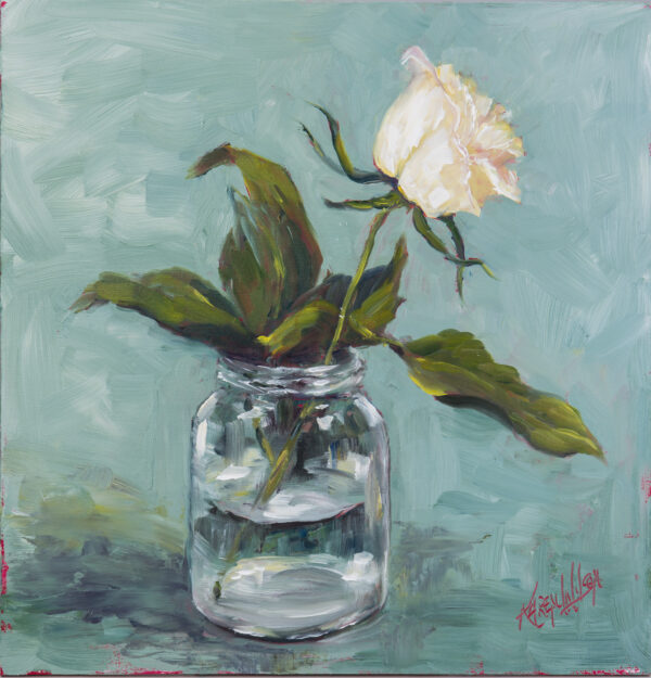 image print of white rose in a jam jar - from an original painting by Irish artist karen Wilson