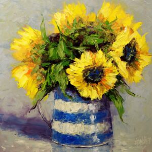 image of a framed print by irish artist Karen Wilson of her painting of a bunch of sunflowers in a blue and white vase...measures 30cm x 30cm