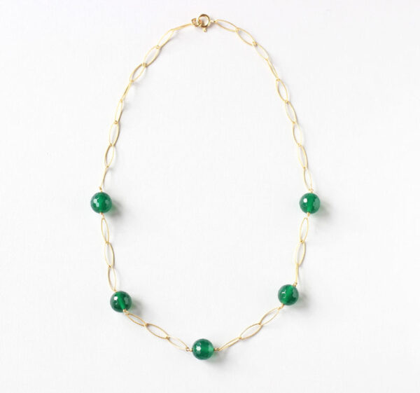 image of gold chain with green agate stones. Handmade in Ireland