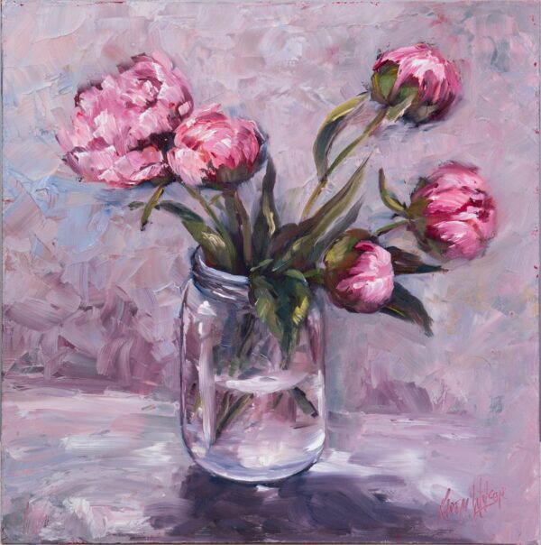 Painting of 5 peonies in a glass jar, with a white frame